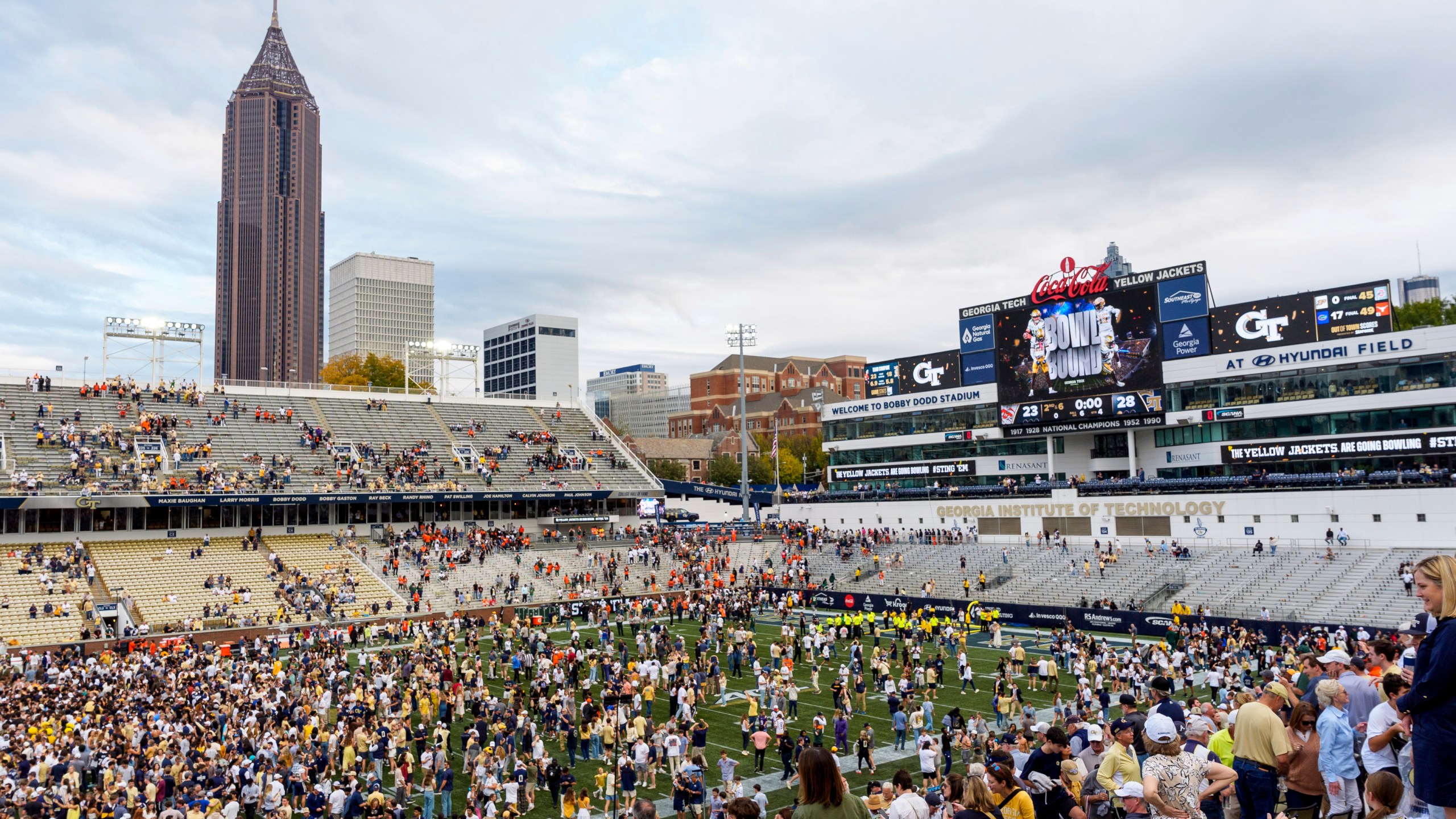 Bobby Dodd Stadium is filled with fans after Georgia Tech defeated Miami in an NCAA college football game, Saturday, Nov. 9, 2024, in Atlanta. (AP Photo/Jason Allen)