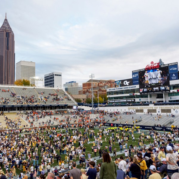 Bobby Dodd Stadium is filled with fans after Georgia Tech defeated Miami in an NCAA college football game, Saturday, Nov. 9, 2024, in Atlanta. (AP Photo/Jason Allen)