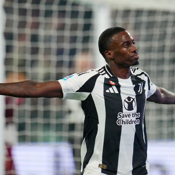 Juventus' Timothy Weah celebrates after scoring their side's first goal of the game during the Serie A soccer match between Juventus and Torino at Allianz Stadium in Turin, Italy, Saturday, Nov. 9 , 2024. (Spada/LaPresse via AP)