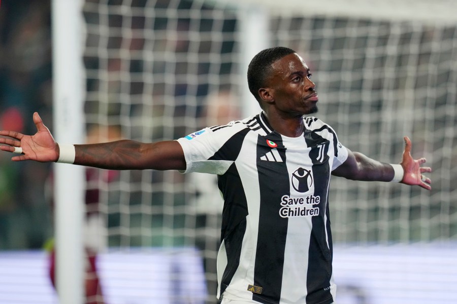 Juventus' Timothy Weah celebrates after scoring their side's first goal of the game during the Serie A soccer match between Juventus and Torino at Allianz Stadium in Turin, Italy, Saturday, Nov. 9 , 2024. (Spada/LaPresse via AP)