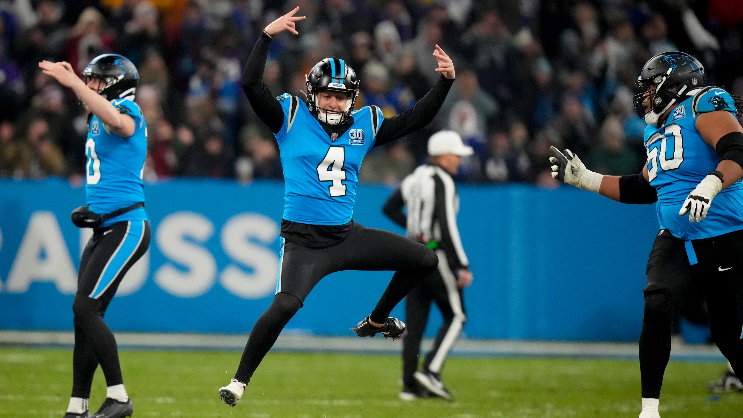 Carolina Panthers kicker Eddy Pineiro celebrates after kicking the game-winning field goal in overtime against New York Giants during an NFL football game, Sunday, Nov. 10, 2024, in Munich, Germany. (AP Photo/Matthias Schrader)