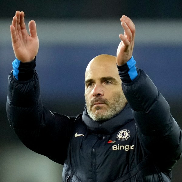 Chelsea's head coach Enzo Maresca applauds at the end of the English Premier League soccer match between Chelsea and Arsenal at Stamford Bridge stadium in London, Sunday, Nov. 10, 2021. (AP Photo/Kirsty Wigglesworth)