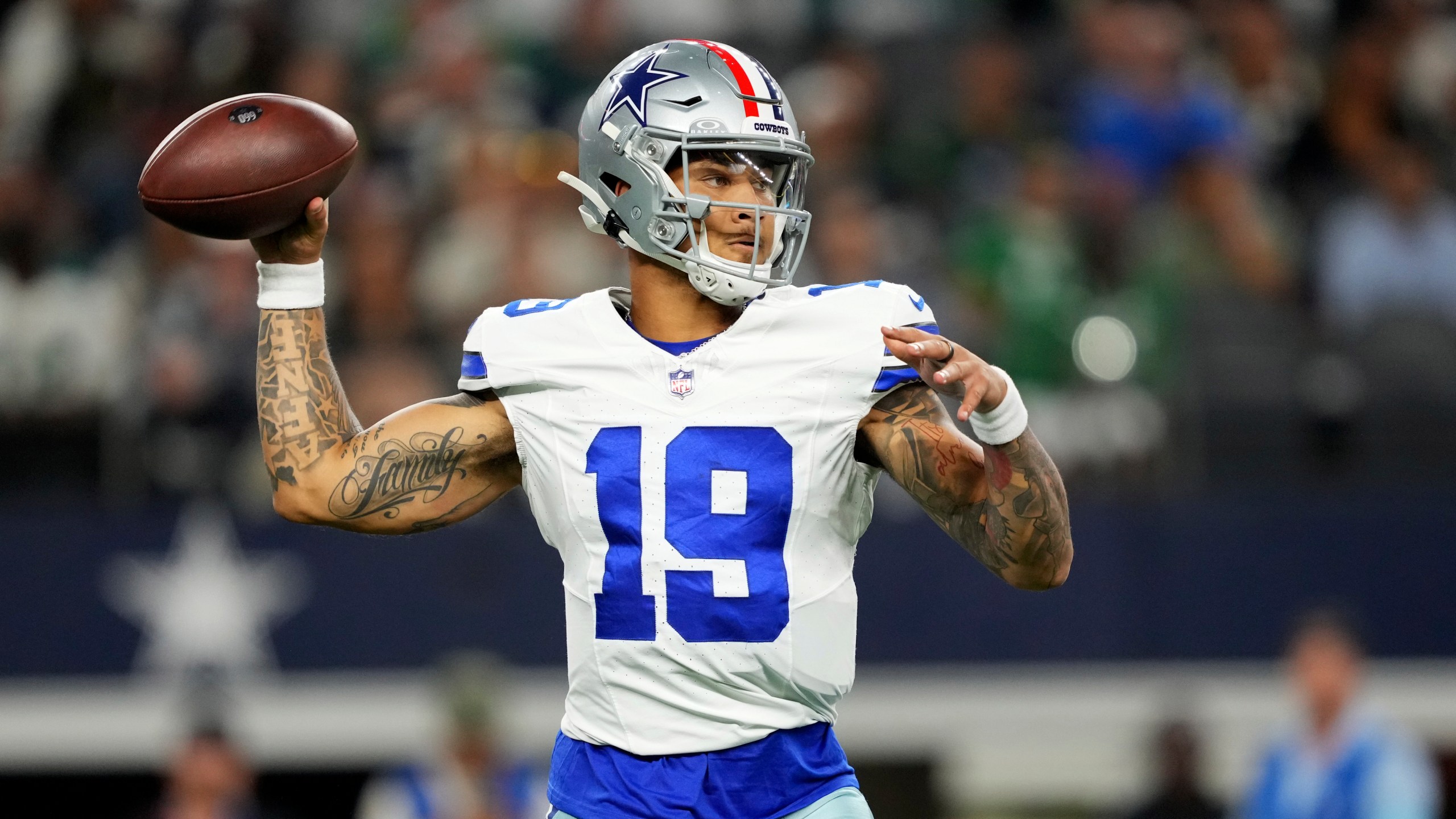 Dallas Cowboys quarterback Trey Lance throws a pass in the second half of an NFL football game against the Philadelphia Eagles in Arlington, Texas, Sunday, Nov. 10, 2024. (AP Photo/Jeffrey McWhorter)