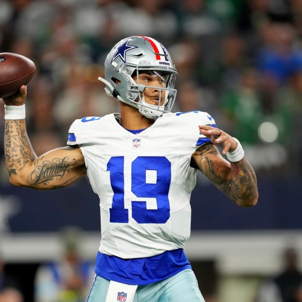 Dallas Cowboys quarterback Trey Lance throws a pass in the second half of an NFL football game against the Philadelphia Eagles in Arlington, Texas, Sunday, Nov. 10, 2024. (AP Photo/Jeffrey McWhorter)