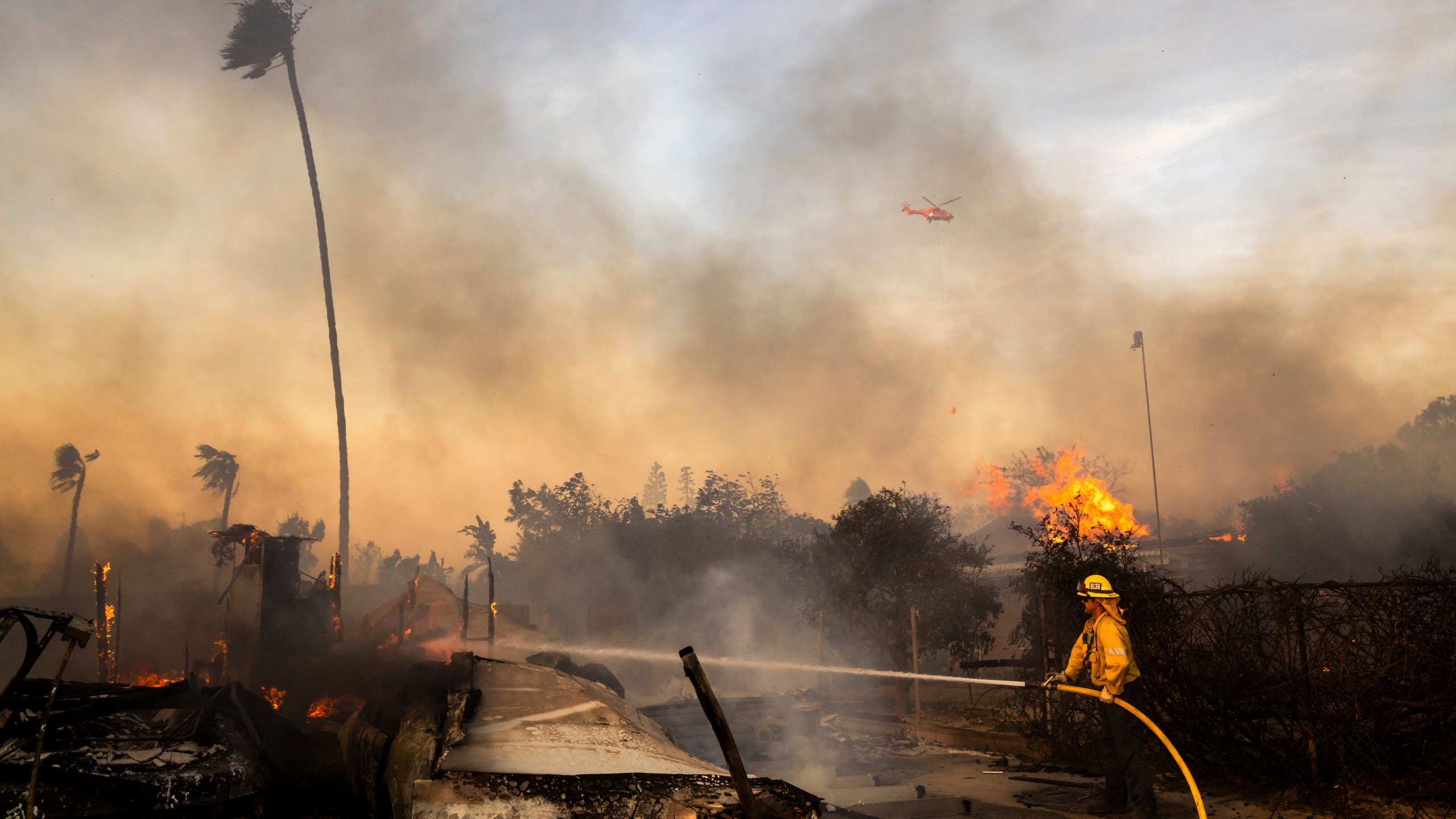 Firefighters work against the Mountain Fire, Nov. 6, 2024, near Camarillo, Calif. (AP Photo/Ethan Swope)