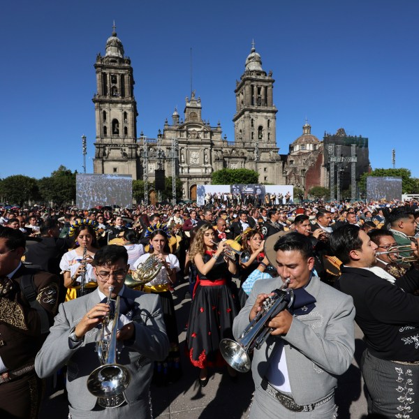 Musicians gather to break the record of most mariachis performing in unison, at the Zocalo, Mexico City's main square, Sunday, Nov. 10, 2024. (AP Photo/Ginnette Riquelme)