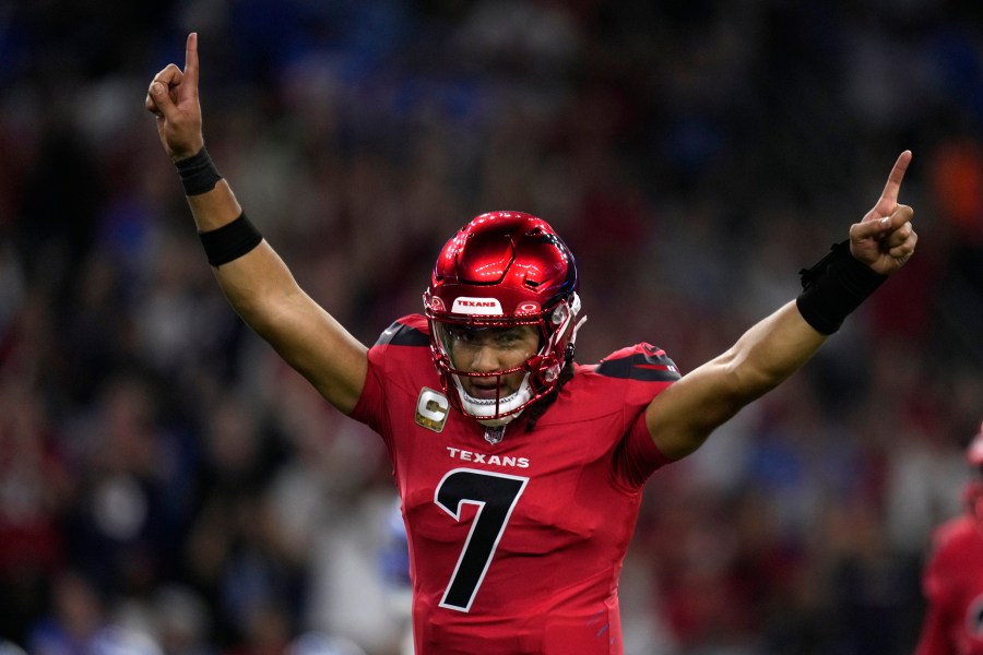 Houston Texans quarterback C.J. Stroud celebrates after throwing a touchdown pass during the first half of an NFL football game against the Detroit Lions, Sunday, Nov. 10, 2024, in Houston. (AP Photo/Eric Christian Smith)