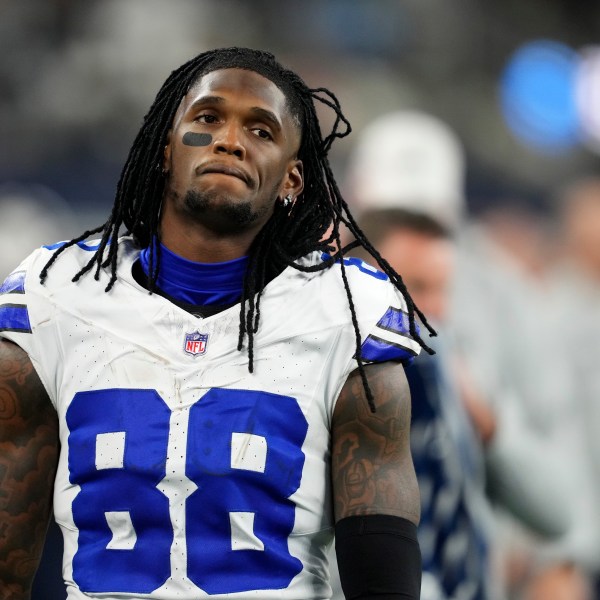 Dallas Cowboys wide receiver CeeDee Lamb walks along the sideline in the second half of an NFL football game against the Philadelphia Eagles in Arlington, Texas, Sunday, Nov. 10, 2024. (AP Photo/Jeffrey McWhorter)