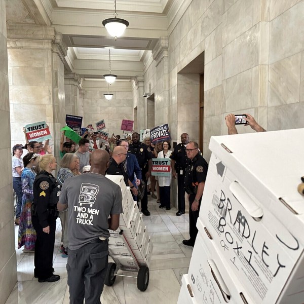 FILE - Boxes containing signatures supporting a proposed ballot measure to scale back Arkansas' abortion ban are delivered to a room in the state Capitol, July 5, 2024, in Little Rock, Ark. (AP Photo/Andrew DeMillo, File)