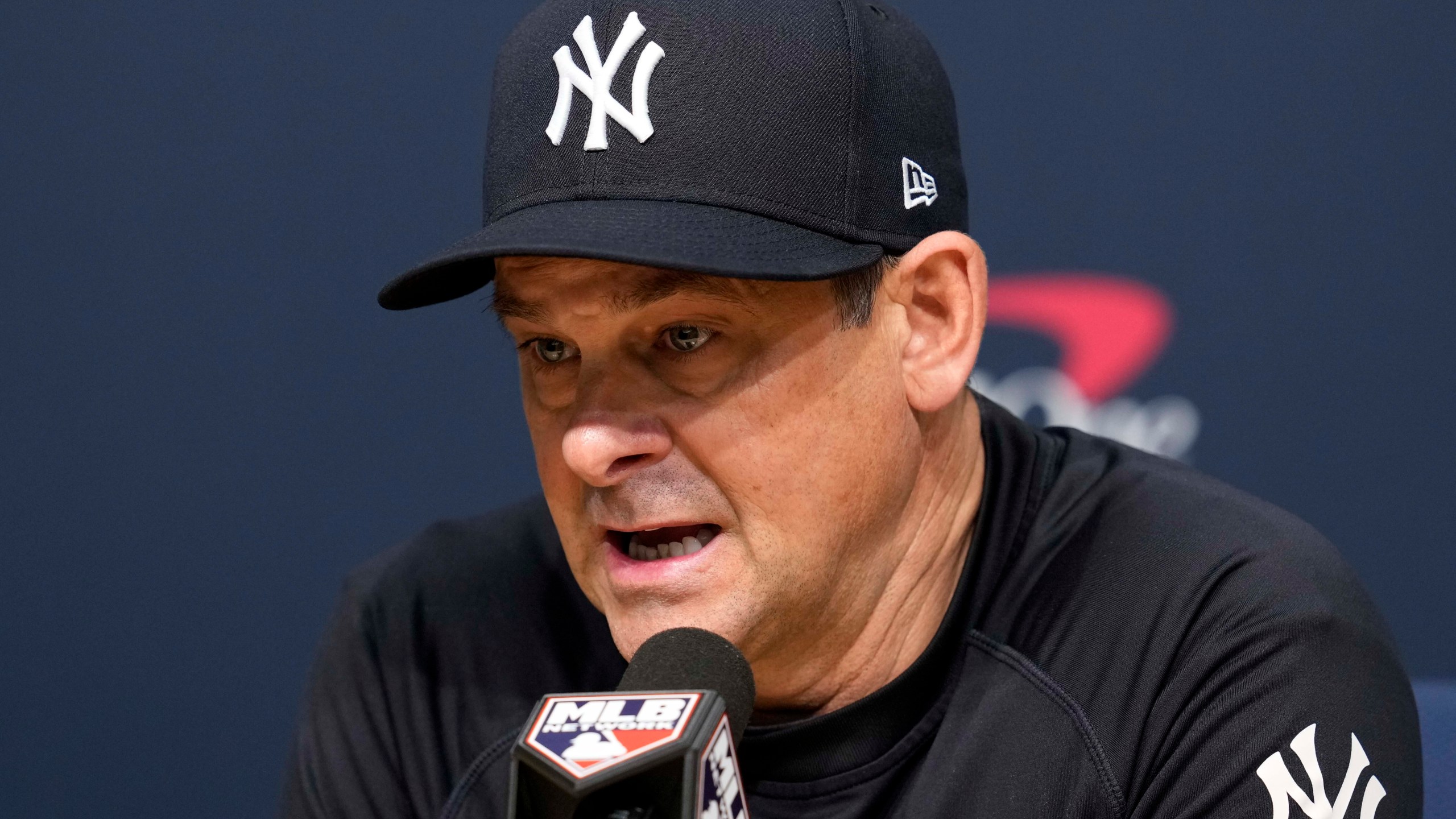 New York Yankees manager Aaron Boone speaks during a news conference before Game 1 of the baseball World Series against the Los Angeles Dodgers, Friday, Oct. 25, 2024, in Los Angeles. (AP Photo/Godofredo A. Vásquez)