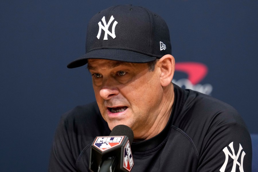 New York Yankees manager Aaron Boone speaks during a news conference before Game 1 of the baseball World Series against the Los Angeles Dodgers, Friday, Oct. 25, 2024, in Los Angeles. (AP Photo/Godofredo A. Vásquez)