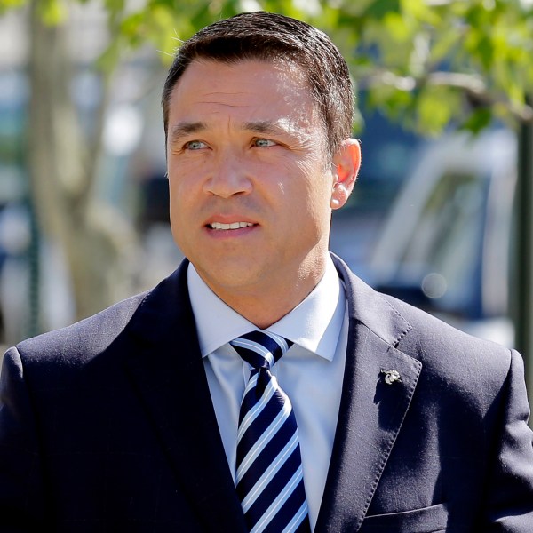 FILE — Former U.S. Rep. Michael Grimm arrives to his polling site in the Staten Island borough of New York, June 26, 2018. (AP Photo/Seth Wenig, File)