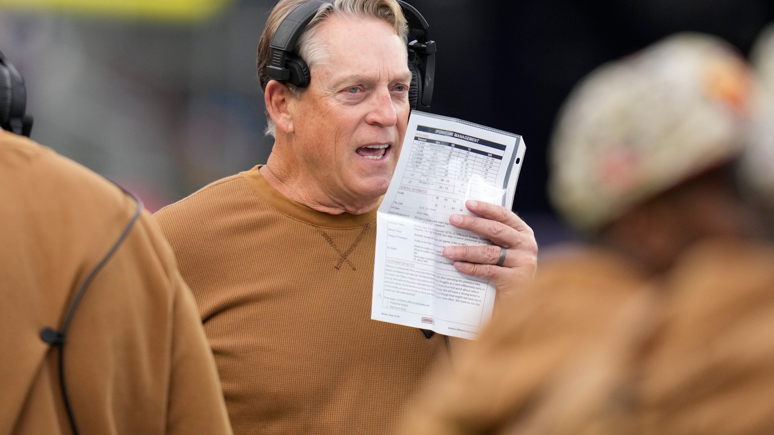 CORRECTS TO DEFENSIVE COORDINATOR AND NOT HEAD COACH AS ORIGINALLY SENT - FILE - Washington Football Team defensive coordinator Jack Del Rio during an NFL football game, Nov. 5, 2023, in Foxborough, Mass. (AP Photo/Charles Krupa, File)