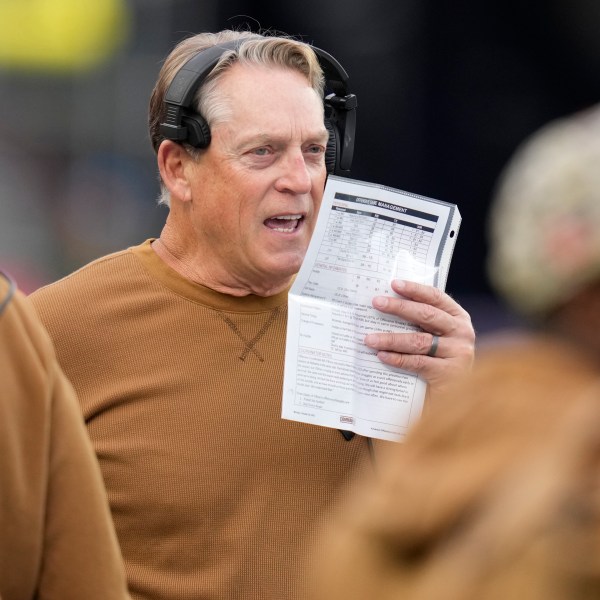 CORRECTS TO DEFENSIVE COORDINATOR AND NOT HEAD COACH AS ORIGINALLY SENT - FILE - Washington Football Team defensive coordinator Jack Del Rio during an NFL football game, Nov. 5, 2023, in Foxborough, Mass. (AP Photo/Charles Krupa, File)