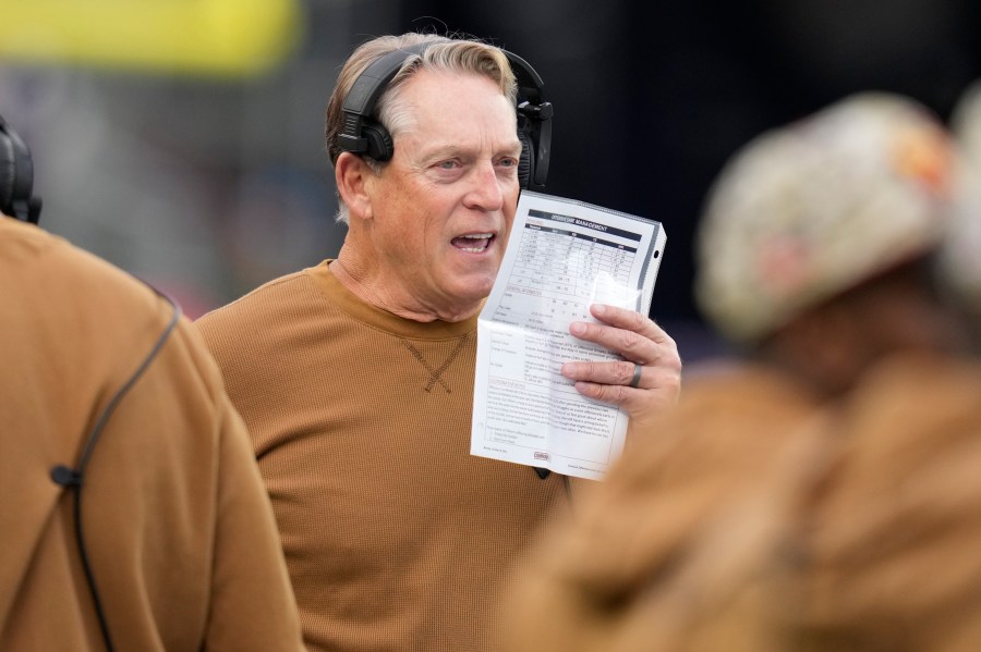 CORRECTS TO DEFENSIVE COORDINATOR AND NOT HEAD COACH AS ORIGINALLY SENT - FILE - Washington Football Team defensive coordinator Jack Del Rio during an NFL football game, Nov. 5, 2023, in Foxborough, Mass. (AP Photo/Charles Krupa, File)