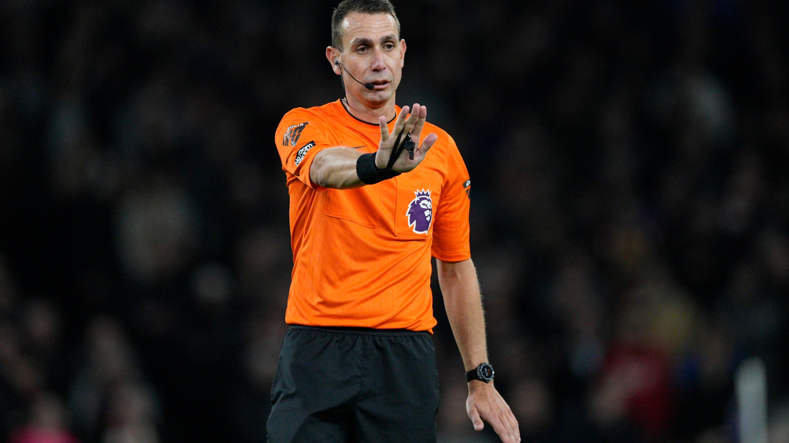 FILE - Referee David Coote reacts during the English Premier League soccer match between Tottenham Hotspur and Brighton and Brentford, at White Hart Lane Stadium in London, England, Wednesday , Jan 31, 2024. (AP Photo/Dave Shopland, File)