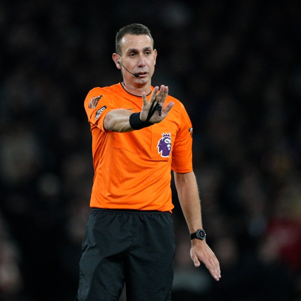 FILE - Referee David Coote reacts during the English Premier League soccer match between Tottenham Hotspur and Brighton and Brentford, at White Hart Lane Stadium in London, England, Wednesday , Jan 31, 2024. (AP Photo/Dave Shopland, File)