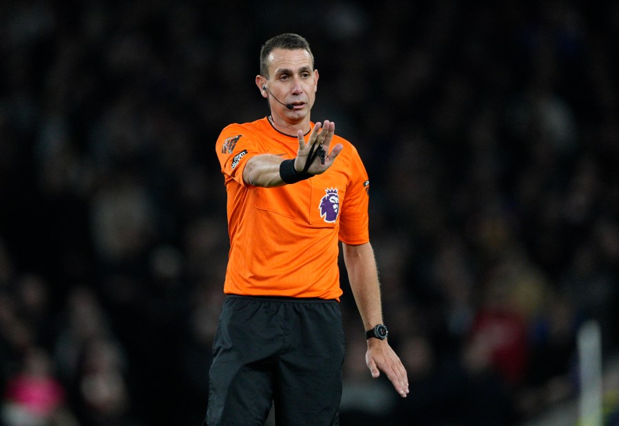 FILE - Referee David Coote reacts during the English Premier League soccer match between Tottenham Hotspur and Brighton and Brentford, at White Hart Lane Stadium in London, England, Wednesday , Jan 31, 2024. (AP Photo/Dave Shopland, File)