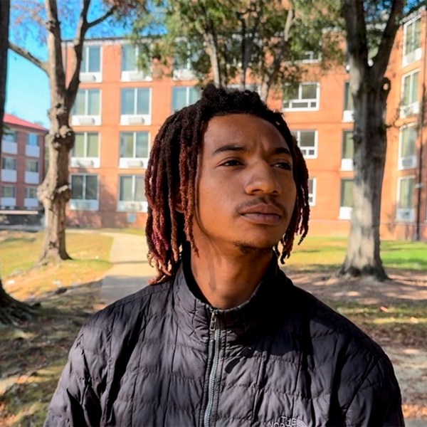 Sid Guynn, 18, a freshman at Tuskegee University speaks to a reporter about a Sunday shooting on the campus, Monday, Nov. 11, 2024, in Tuskegee, Ala. (AP Photo/Safiyah Riddle)