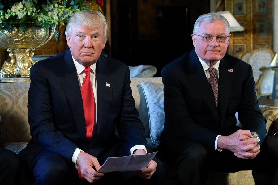 FILE - President Donald Trump, center, sits with retired Army Lt. Gen. Keith Kellogg, right, at Trump's Mar-a-Lago estate in Palm Beach, Fla., Feb. 20, 2017. President-elect Donald Trump’s choice for defense secretary is still up in the air, but it’s a sure bet he will look to pick a loyalist following his tumultuous first term. (AP Photo/Susan Walsh, File)