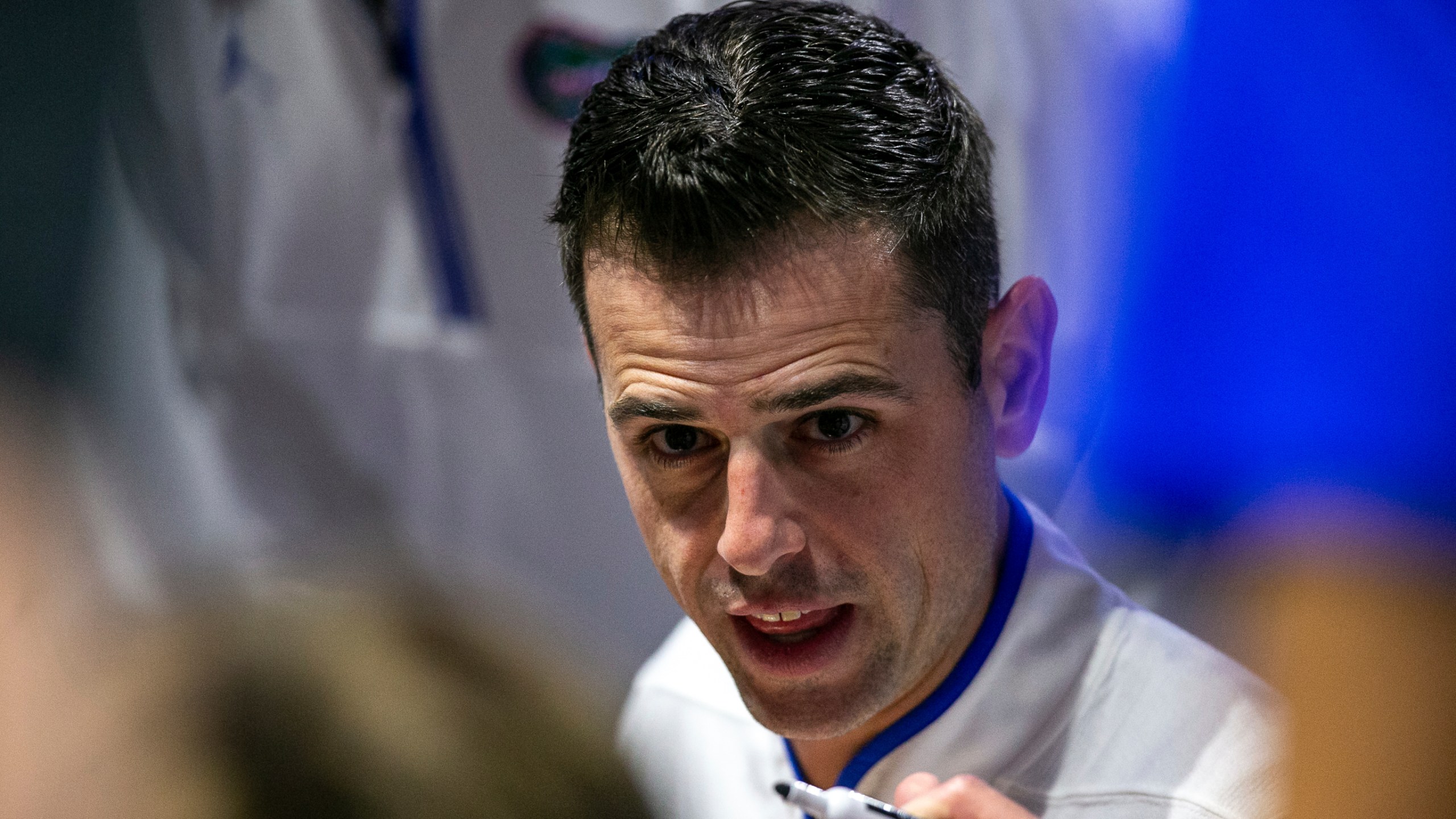 Florida head coach Todd Golden speaks during a timeout during the first half of an NCAA college basketball game against Grambling State, Monday, Nov. 11, 2024, in Gainesville, Fla. (AP Photo/Alan Youngblood)