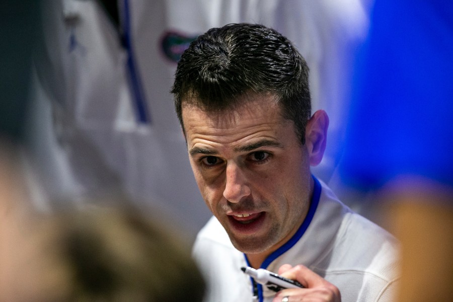 Florida head coach Todd Golden speaks during a timeout during the first half of an NCAA college basketball game against Grambling State, Monday, Nov. 11, 2024, in Gainesville, Fla. (AP Photo/Alan Youngblood)