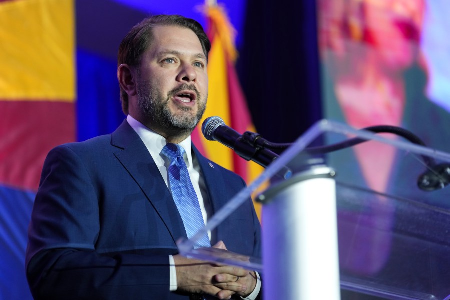 Arizona Democratic Senate candidate Rep. Ruben Gallego, D-Ariz., speaks during a watch party on election night Tuesday, Nov. 5, 2024, in Phoenix. (AP Photo/Ross D. Franklin)