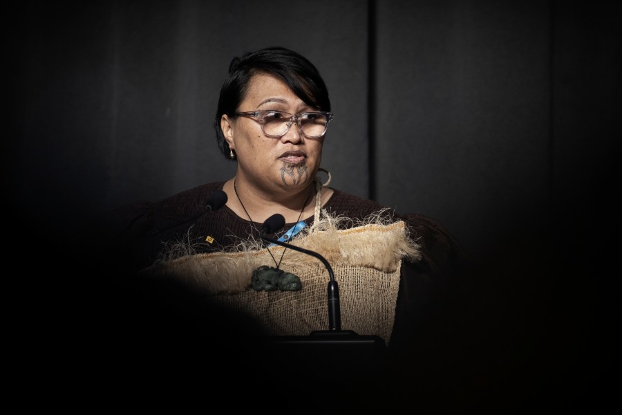 Abuse survivor, Tu Chapman, speaks following New Zealand's Prime Minister Christopher Luxon's "formal and unreserved" apology in Parliament for the widespread abuse, torture and neglect of hundreds of thousands of children and vulnerable adults in care, in Wellington, New Zealand Tuesday, Nov. 12, 2024. (Monique Ford/Stuff via AP)