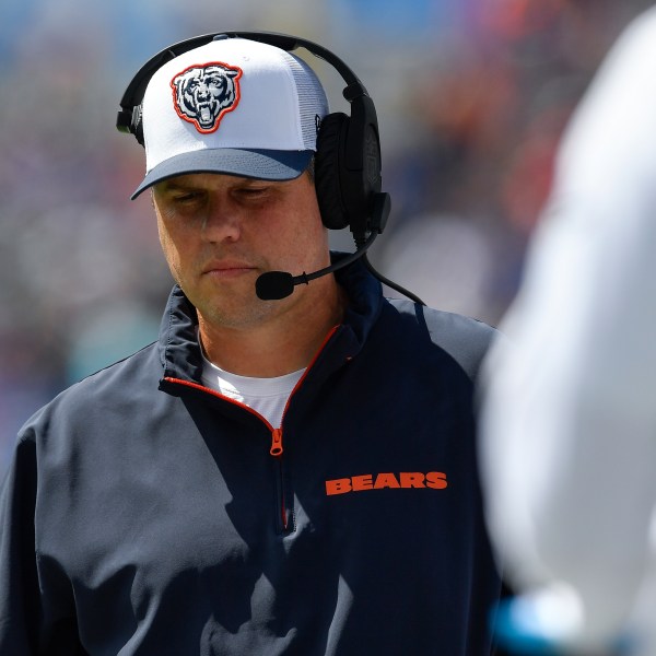 FILE - Chicago Bears offensive coordinator Shane Waldron walks the sideline during the second half of a preseason NFL football game against the Buffalo Bills in Orchard Park, N.Y., Aug. 10, 2024. (AP Photo/Adrian Kraus, file)