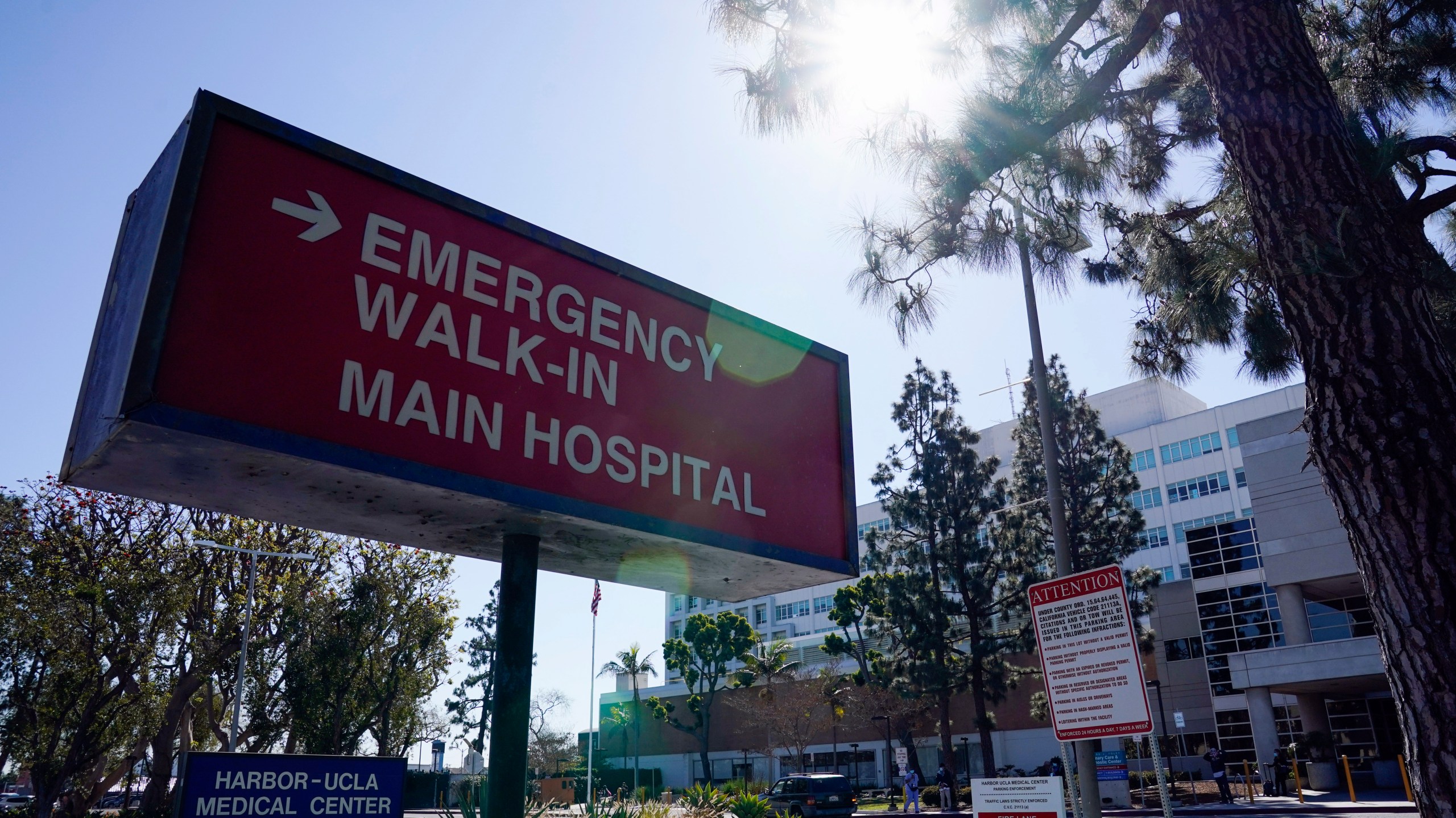 FILE - An emergency room sign is displayed outside Harbor-UCLA Medical Center, Feb. 24, 2021, in Torrance, Calif. (AP Photo/Ashley Landis, File)