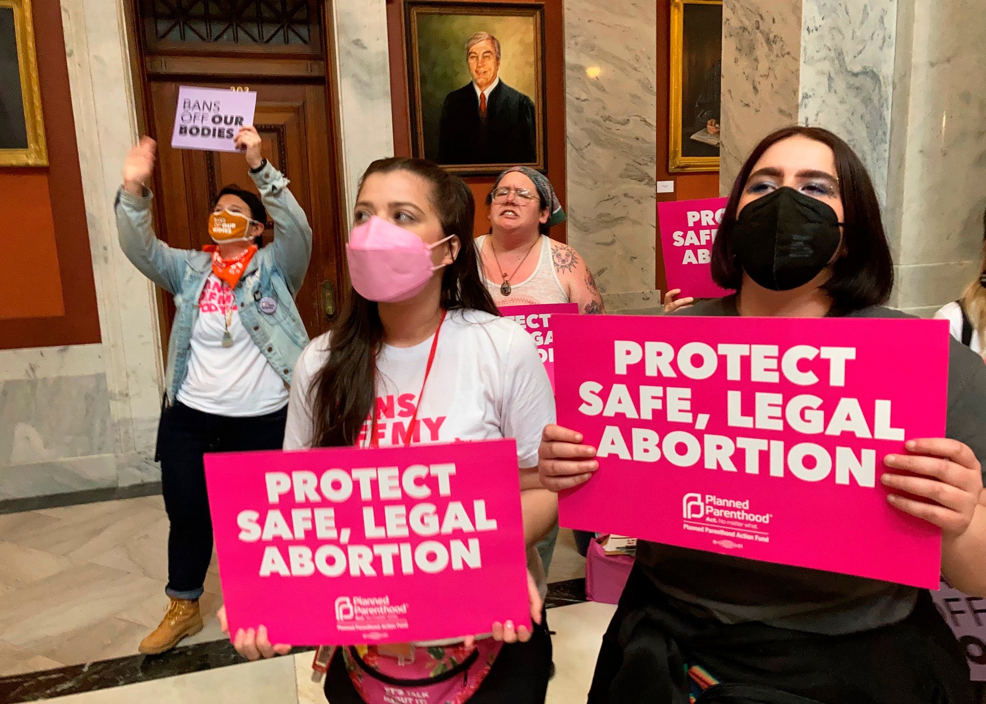 FILE - Abortion-rights supporters chant their objections at the Kentucky Capitol, April 13, 2022, in Frankfort, Ky. (AP Photo/Bruce Schreiner, File)