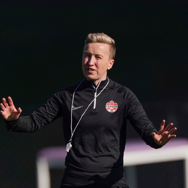 FILE - Canada coach Beverly Priestman gestures during a soccer training session ahead of the FIFA Women's World Cup in Melbourne, Australia, Monday, July 17, 2023. (Scott Barbour/The Canadian Press via AP, File)