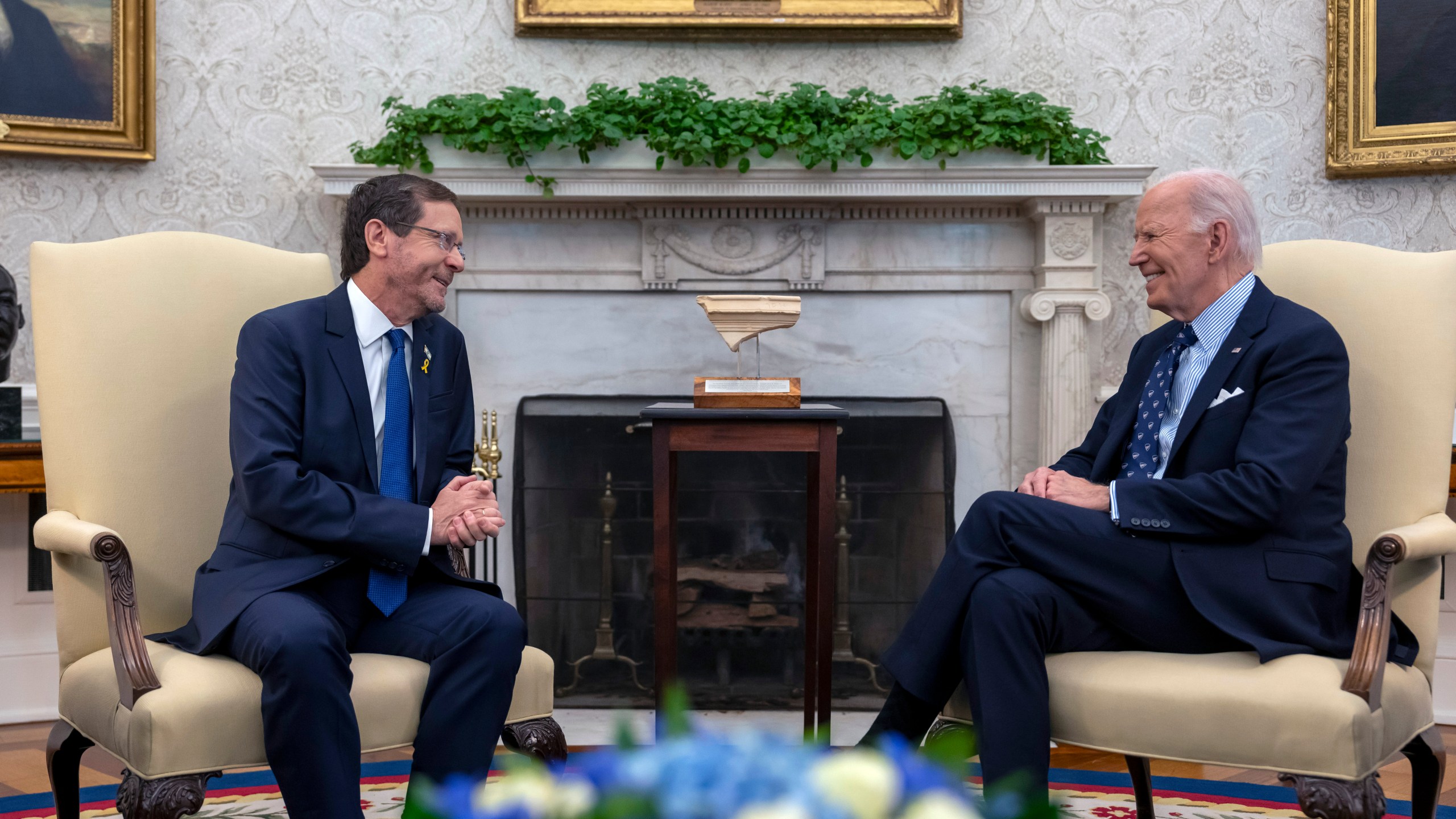 President Joe Biden meets with Israel's President Isaac Herzog, left, in the Oval Office of the White House in Washington, Tuesday, Nov. 12, 2024. (AP Photo/Ben Curtis)