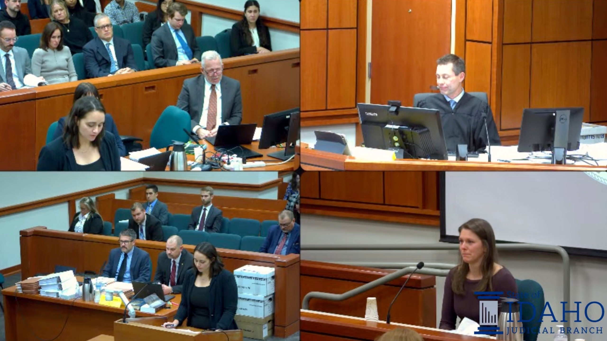 In this image taken from a video provided by Idaho Fourth District Court, Rebecca Vincen-Brown, lower right, tears up as she testifies in court about her abortion, Tuesday, Nov. 12, 2024, in Boise, Idaho. (Idaho Fourth District Court via AP)