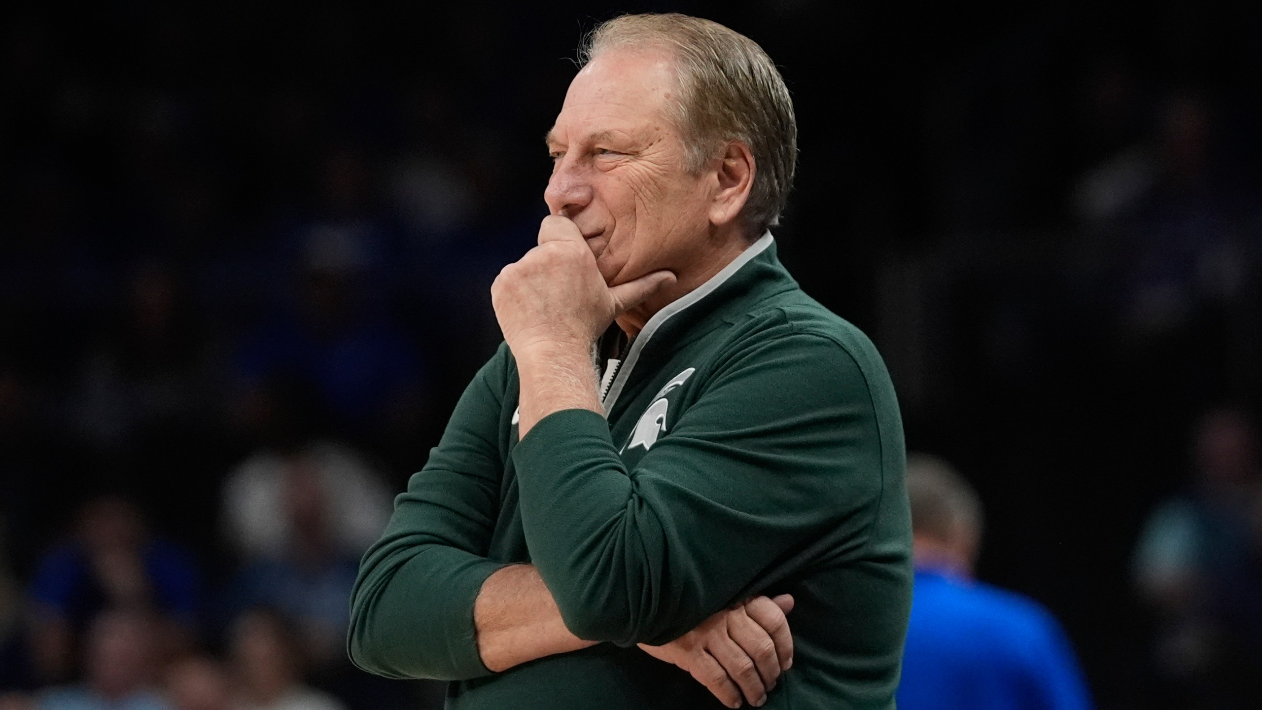 Michigan State head coach Tom Izzo watches from the sideline during the first half of an NCAA college basketball game against Kansas, Tuesday, Nov. 12, 2024, in Atlanta. (AP Photo/John Bazemore )