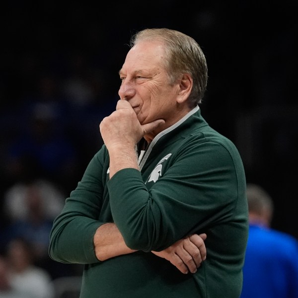 Michigan State head coach Tom Izzo watches from the sideline during the first half of an NCAA college basketball game against Kansas, Tuesday, Nov. 12, 2024, in Atlanta. (AP Photo/John Bazemore )