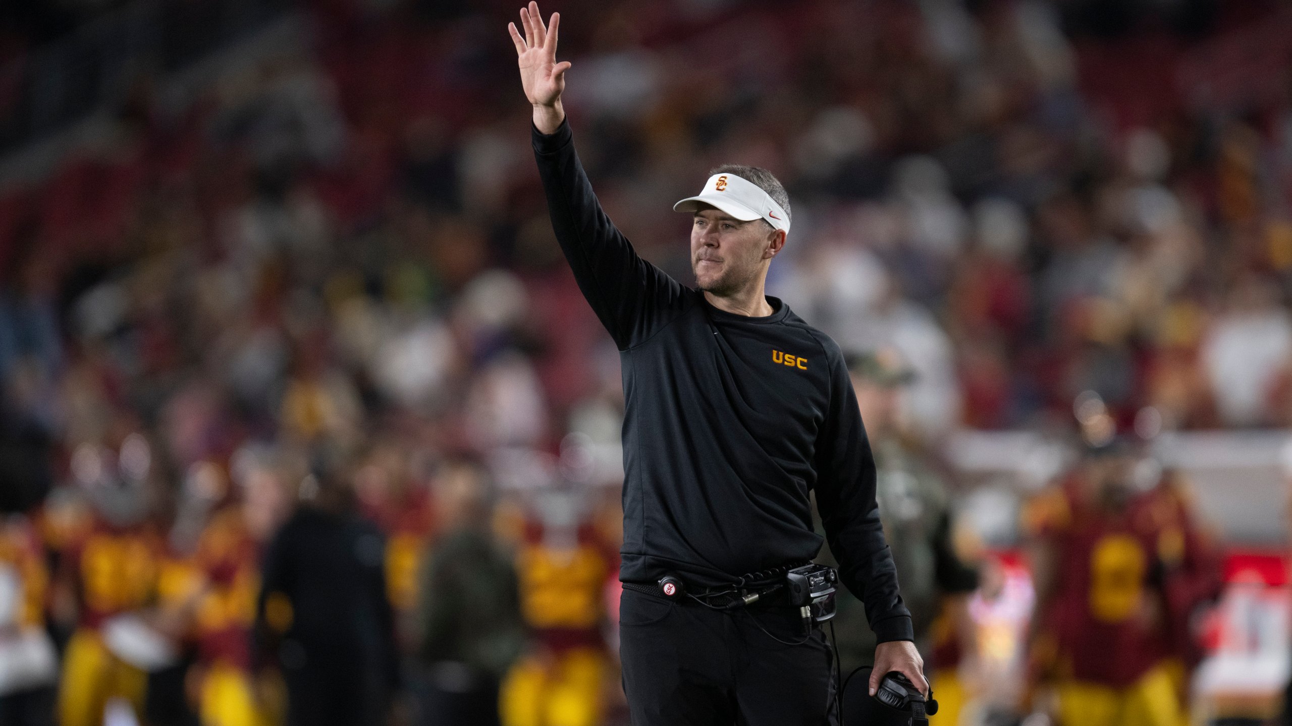 Southern California head coach Lincoln Riley gestures during the first half of an NCAA college football game against Rutgers, Friday, Oct. 25, 2024, in Los Angeles. (AP Photo/Kyusung Gong)