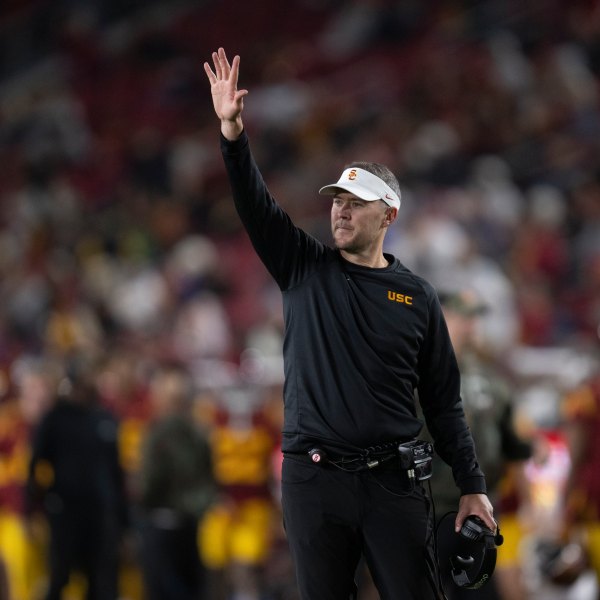 Southern California head coach Lincoln Riley gestures during the first half of an NCAA college football game against Rutgers, Friday, Oct. 25, 2024, in Los Angeles. (AP Photo/Kyusung Gong)