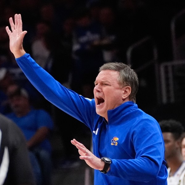 Kansas head coach Bill Self reacts on the sidieline during the first half of an NCAA college basketball game against Michigan State, Tuesday, Nov. 12, 2024, in Atlanta. (AP Photo/John Bazemore )