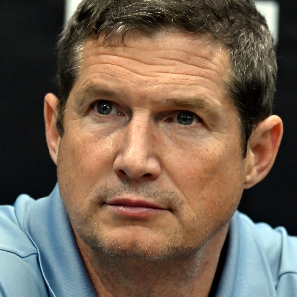 FILE - Florida Gulf Coast coach Karl Smesko talks during a news conference after an NCAA college basketball game in the Gulf Coast Showcase, Nov. 25, 2023, in Estero, Fla. (AP Photo/Steve Nesius, file)