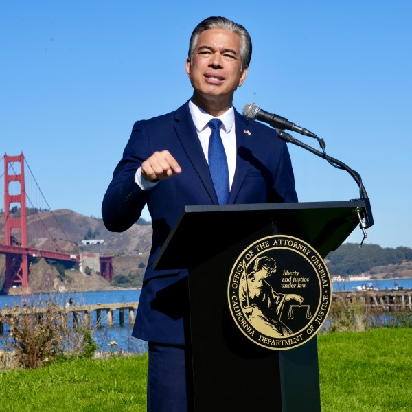 FILE - California Attorney General Rob Bonta speaks at a news conference in front of the Golden Gate Bridge in San Francisco on Thursday, Nov. 7, 2024. (AP Photo/Terry Chea, File)