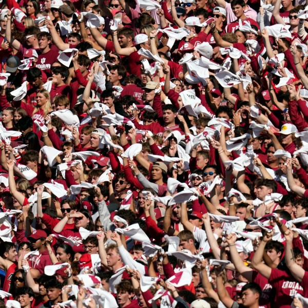 Indiana students cheer during the first half of an NCAA college football game between Indiana and Washington, Saturday, Oct. 26, 2024, in Bloomington, Ind. (AP Photo/Darron Cummings)