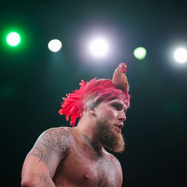 Jake Paul works out ahead of his boxing match against Mike Tyson, Tuesday, Nov. 12, 2024, in Irving, Texas. (AP Photo/Julio Cortez)