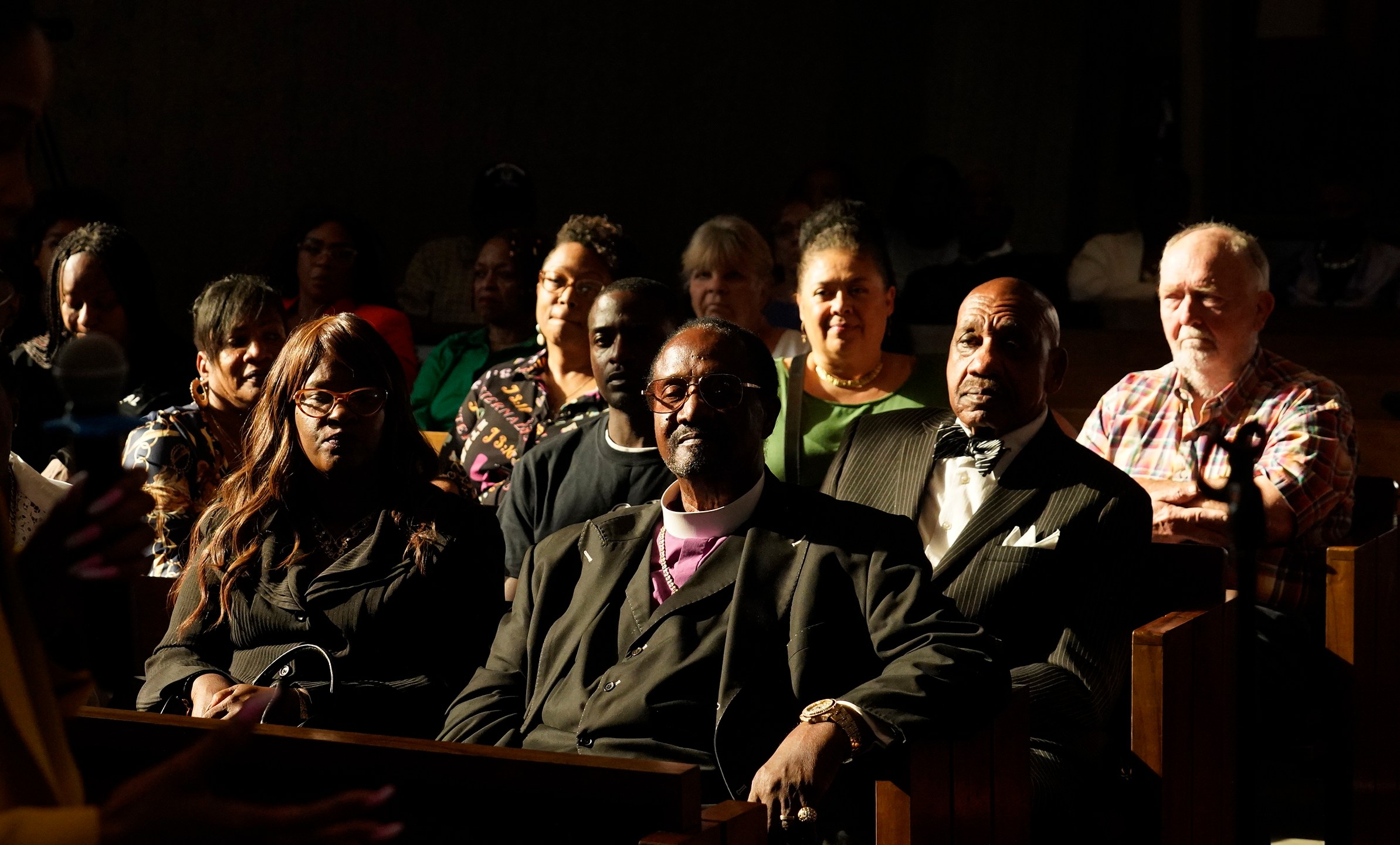 FILE - Palm Springs Section 14 neighborhood residents and descendants listen to Areva Martin, civil rights attorney, at the United Methodist Church in Palm Springs, Calif., Sunday, April 16, 2023. (AP Photo/Damian Dovarganes, File)