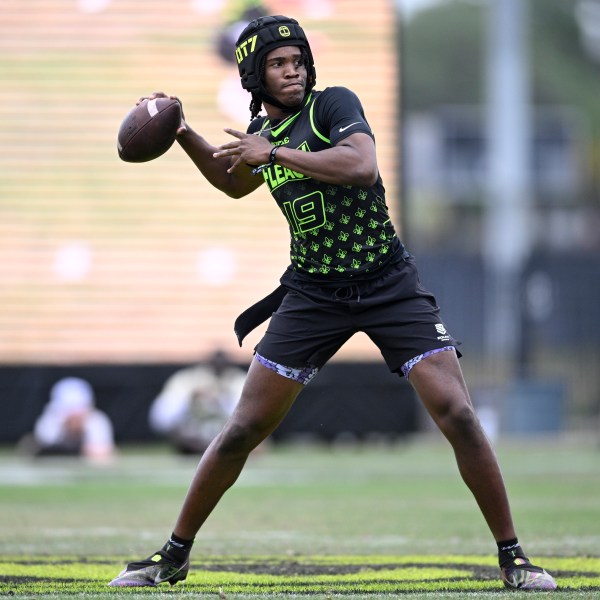 FILE - Fleaux quarterback Bryce Underwood (19) during the OT7 Orlando football tournament against Raw, April 27, 2024, in Orlando, Fla. (AP Photo/Phelan M. Ebenhack, File)