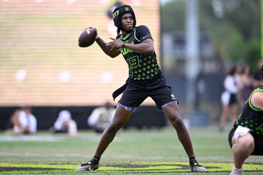 FILE - Fleaux quarterback Bryce Underwood (19) during the OT7 Orlando football tournament against Raw, April 27, 2024, in Orlando, Fla. (AP Photo/Phelan M. Ebenhack, File)