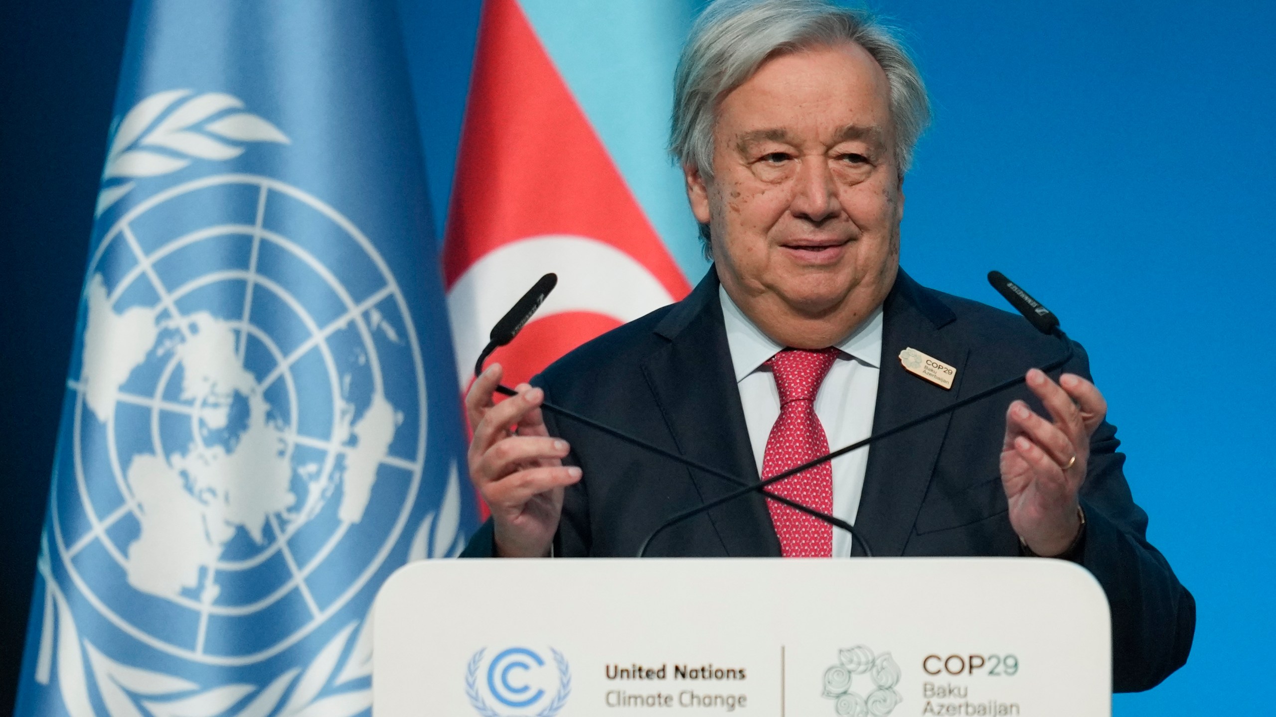 Antonio Guterres, United Nations secretary-general, speaks during a plenary session at the COP29 U.N. Climate Summit, Tuesday, Nov. 12, 2024, in Baku, Azerbaijan. (AP Photo/Rafiq Maqbool)