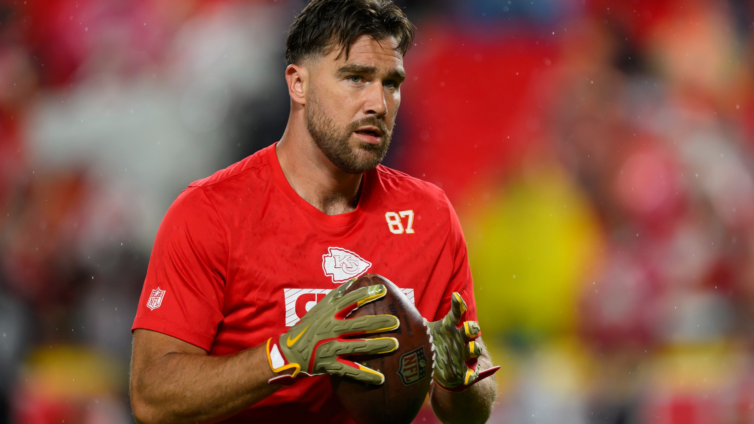 FILE - Kansas City Chiefs tight end Travis Kelce after making a catch during warmups before an NFL football game against the Tampa Bay Buccaneers, Nov. 4, 2024, in Kansas City, Mo. (AP Photo/Reed Hoffmann, File)