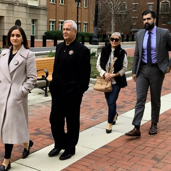 FILE - The family of Bijan Ghaisar, from left, Negeen Ghaisar, James Ghaisar, Kelly Ghaisar and Kouros Emami walk outside federal court in Alexandria, Va., March 6, 2020. (AP Photo/Matthew Barakat, File)