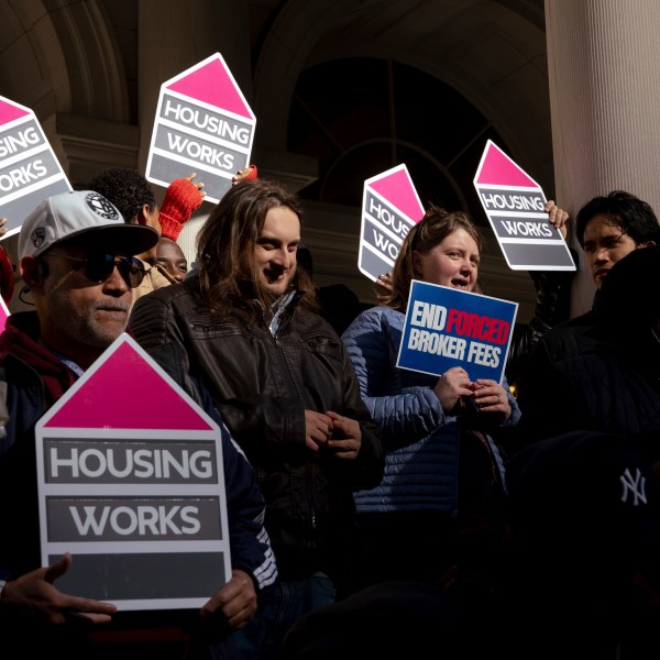 People gather outside of City Hall for a rally in support of the FARE Act ahead of a City Council meeting, Wednesday, Nov. 13, 2024, in New York. (AP Photo/Adam Gray)